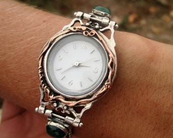 Silver & Gold chain watch bracelet, Vintage two tone watch with Gemstones, Women's Gift