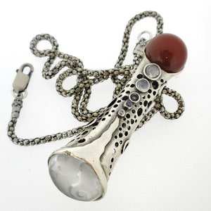 Sterling Silver Gemstone Pendant Necklace, Long Statement Bohemian Jewelry, Artistic Large Pendant, Gift for Her