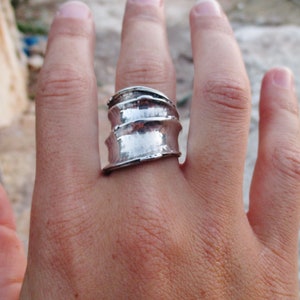 Hammered Sterling Silver Wide Band Ring: Long Statement Ring