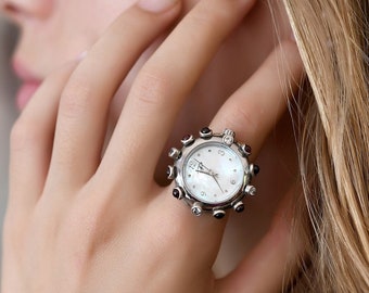 Vintage silver ring watch for women, Multi stone statement sterling silver watch ring