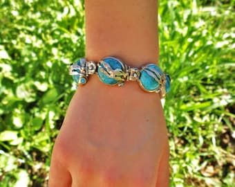 Sterling silver multi stone  round link bracelet for women, Big natural turquoise stone bracelet