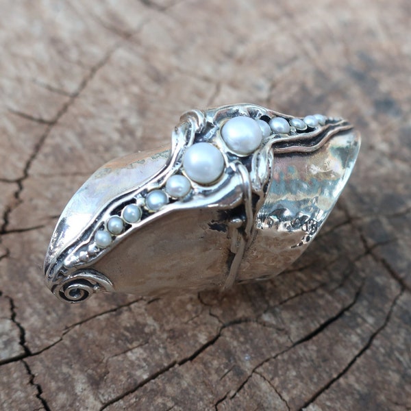 Silver and Pearl Handmade Chunky Stone Ring - Unique Large Statement Jewelry