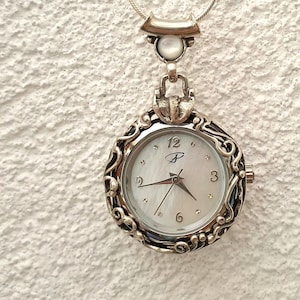 Antique silver chain pendant necklace watch for women, Filigree gemstone round fancy ladies watch pendant