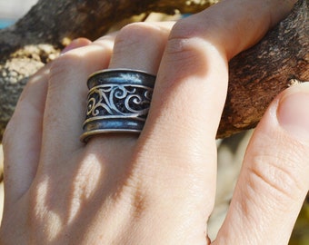 Silver Wide Ring, Women Statement Band Ring,  Unique Silver Lace Ring for women