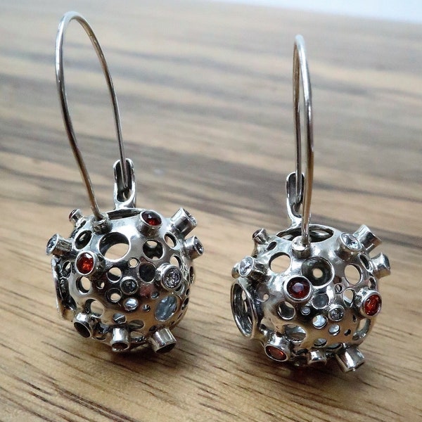 Unique silver bohemian drop earring for women, Artistic statement multi CZ earring