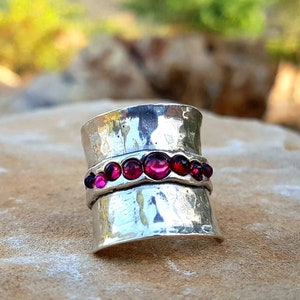 Long garnet silver ring for women, Wide band multi stone ring