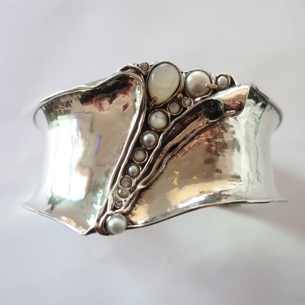 Silver wide cuff bracelet with MOP and pearl, Multi stone unique bracelet for women