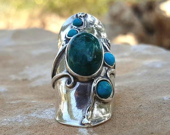 Long turquoise bohemian silver ring , Multi stone big ring, Turquoise women   jewelry, Porans