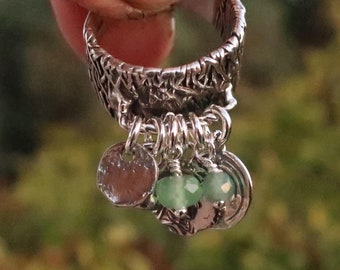 Silver wide  charm silver dangle BEADED  ring for women