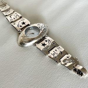 Silver unique  chunky wide watch bracelet, Designer silver links watch for women gift