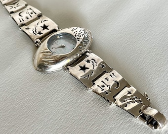 Breite Block-Armbanduhr aus Sterlingsilber: Art-Déco-Armband mit Sternenuhrwerk