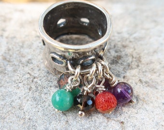 Sterling silver charm gemstone ring, Statement  dangle coins ring ,Wide bohemian ring for women