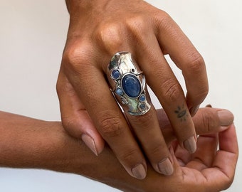 Anillo de dedo largo de plata, anillo de piedra preciosa grande para mujeres joyería boho