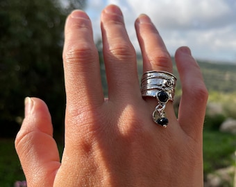 Sterling Silver Dangle Charm Ring: Wide Band Boho Gemstone Ring