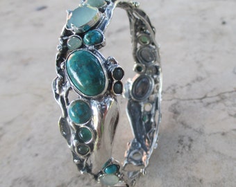 Multi stone silver cuff bracelet ,Turquoise bangle cuff for women