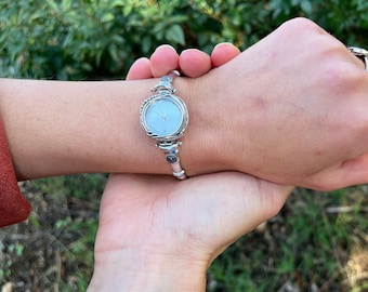 Gemstone silver modern dainty watch bracelet for her,  Unique watch gift