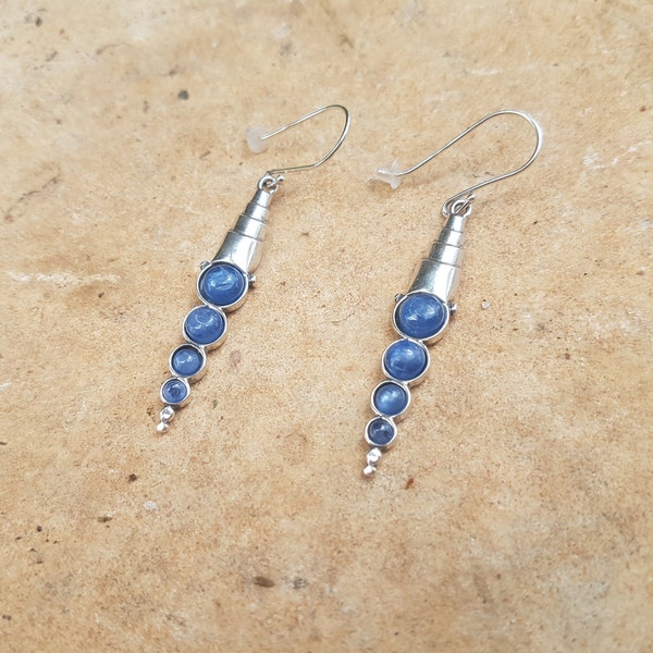 Sterling silver long dangle gemstone earring, Elegant dainty blue Kyanite earring for women, Design by Amir Poran