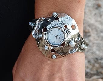 Large Silver Watch with Pearls, Handmade Artistic Women’s Jewelry by PORANS
