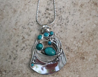 Sterling silver unique large pendant, Big multi stone pendant , Porans design