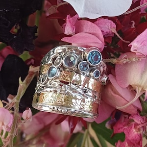 Handmade Sterling Silver & 9K Gold CZ Ring: Wide Boho Statement Jewelry