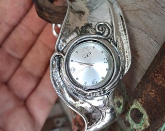 Handgefertigte Echtsilber Manschetten Uhr: Boho Armband Analog Zeitmesser Geschenk für sie