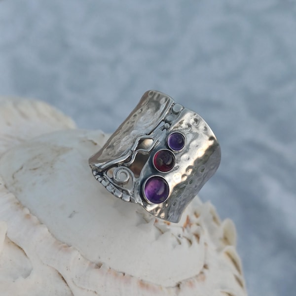 Wide Hammered Silver Ring with Multicolor Gemstones – Artistic Statement Jewelry