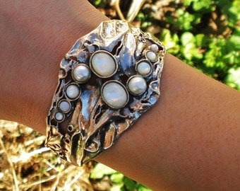 Silver Wide Cuff Bracelet, Vintage Craved Silver Gemstone Bracelet For Women, Bohemian Jewelry Design By Amir Poran.