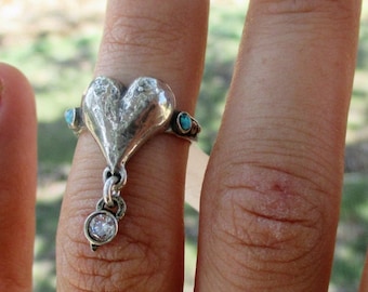 Sterling Silver Heart Ring: Opal Accents, Zircon Dangle