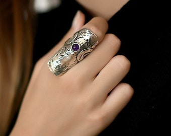 Sterling silver full finger ring, Unique engraved long  ring for women, Amethyst art jewelry.