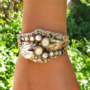 Silver Wide Cuff Bracelet, Vintage Craved Silver Gemstone Bracelet For Women, Bohemian Jewelry Design By Amir Poran.