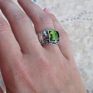 Sterling silver square gemstone ring for women, Delicate green stone ring