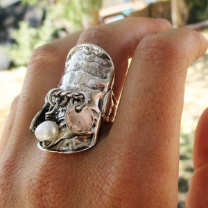 Silver long  dangle ring for women  Wide Handcrafted 925 hammered ring with charms