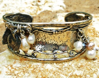 Wide silver engraved flexible cuff bracelet with hanging pearls, Silver charm cuff for women