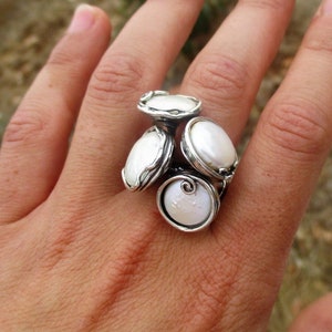 Boho Große Perle Sterling Silber Ring, Handgefertigter Statement Schmuck für Frauen, Einzigartiges Geschenk für besonderen Anlass