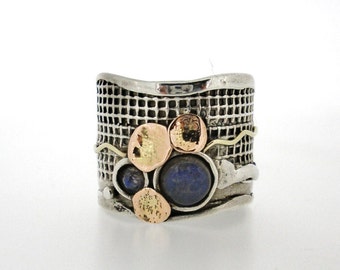 Wide lattice ring Silver ring with gold, Labradorite  ring for women