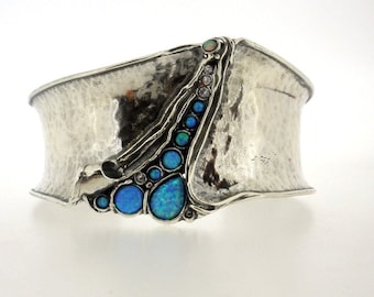 Silver  big cuff bracelet , Multi stone bohemian bracelet for women, Unique wide bracelet