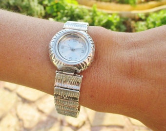 Sterling silver statement  circle watch, Unique carved links watch bracelet for women