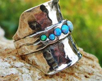 Opal Wide Silver Statement Ring: Hammered Sterling Silver, Long Multi-Stone Design