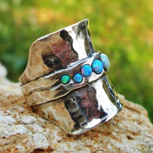 Opal Wide Silver Statement Ring: Hammered Sterling Silver, Long Multi-Stone Design