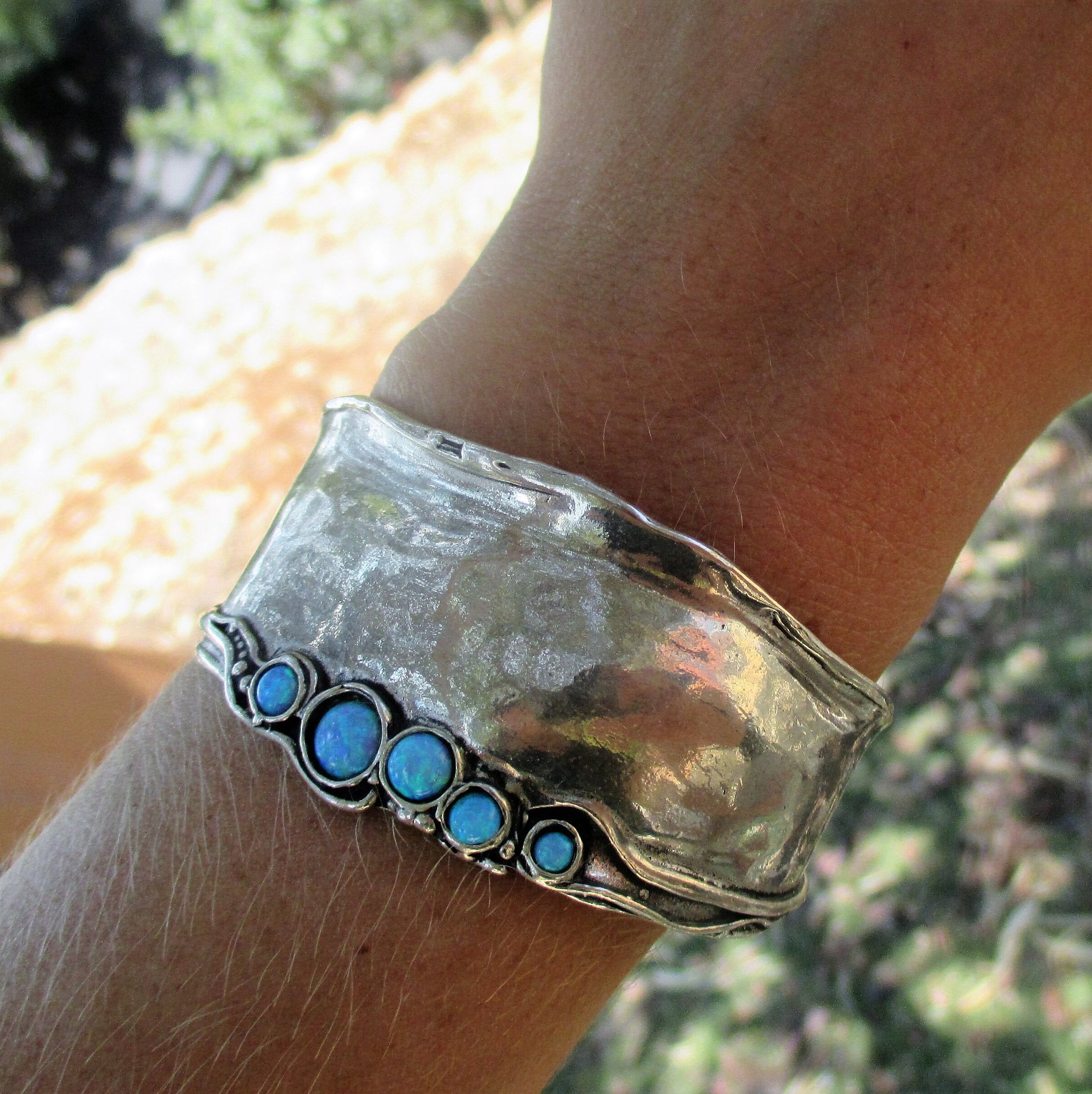 Wide silver gemstone cuff bracelet for women, Hammered silver jewelry, Design by Amir Poran