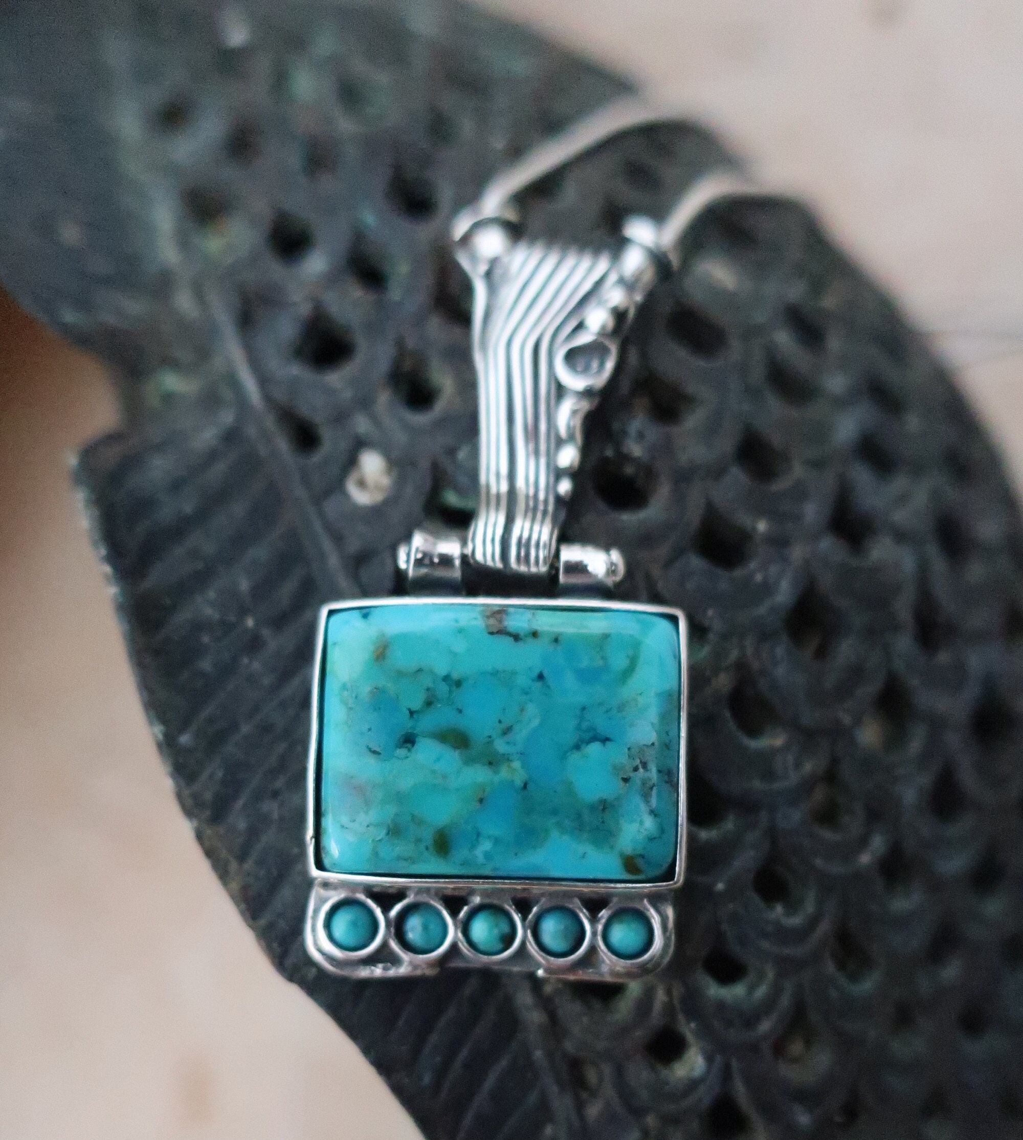 Silver Statement Rectangle Turquoise Necklace , Unique Big Stone