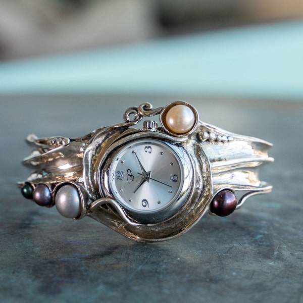 Silver unique women watch with pearls  Wide cuff bracelet watch   Designer watch by Poran