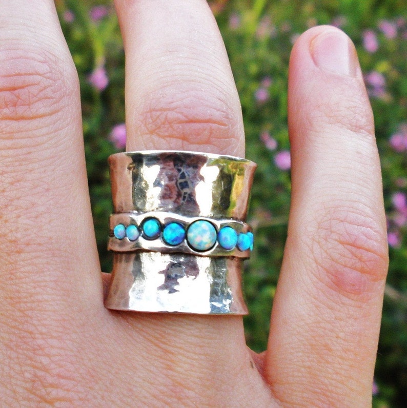 Opal Wide Silver Statement Ring: Hammered Sterling Silver, Long Multi-Stone Design image 2