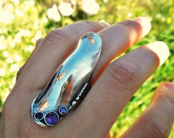 Sterling silver extra long ring, full finger gemstone bohemian ring, Design by Amir Poran