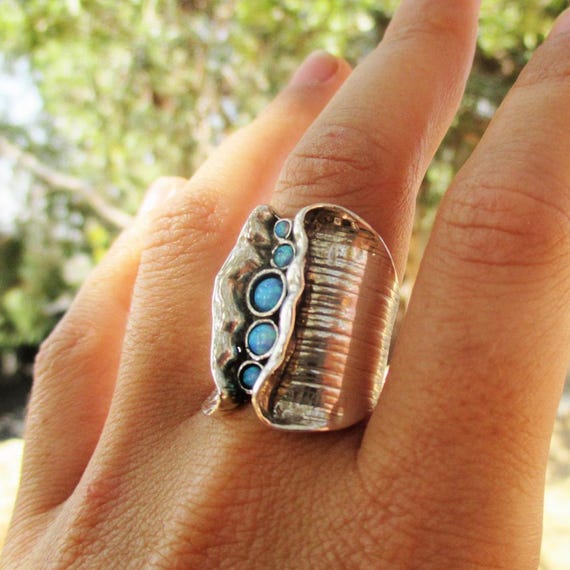 Bague Art Déco En Argent Massif Avec Opale De Feu Bleue Et Perle De Culture - Neuf Sans Emballage
