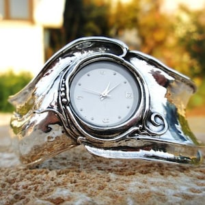 Wide sterling silver cuff watch for women, Big silver cuff bracelet watch, Bohemian watch.