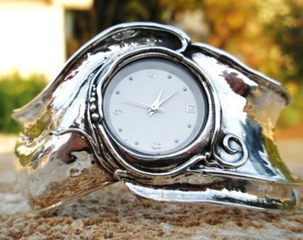 Wide sterling silver cuff watch for women, Big silver cuff bracelet watch, Bohemian watch.