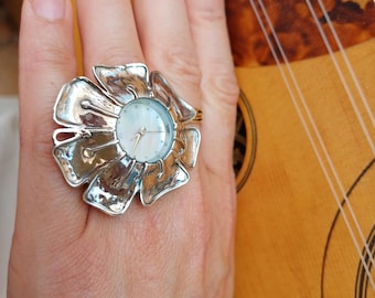 Sterling Silver Flower Ring Watch - Vintage Inspired Statement Jewelry