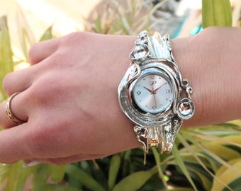 Sterling Silber Manschette Uhr, breite Armbanduhr für Frauen, Boho Schmuck Geschenk
