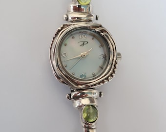 Gemstone silver modern dainty watch bracelet for her,  Unique watch gift